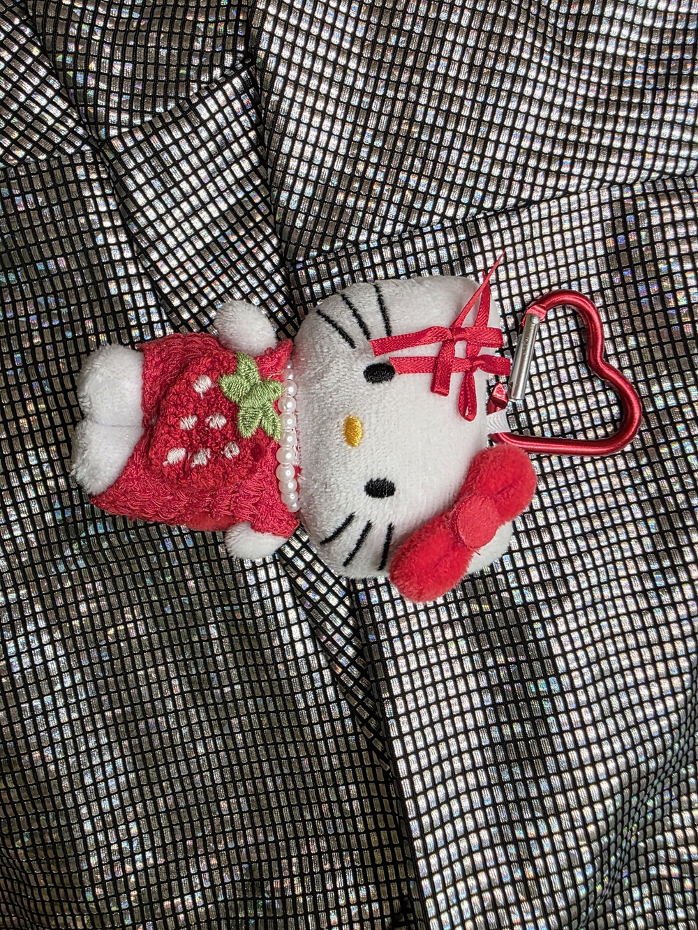 Hello Kitty Pink and Red Strawberry Plush Keychain with Heart Carabiner
